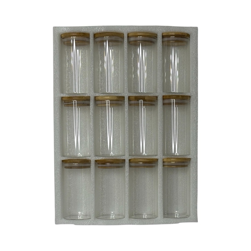 12 Glass Cylinder Spice, Coffee Bean Candy Jars‎ With Bamboo Lids Holds 12 fl oz